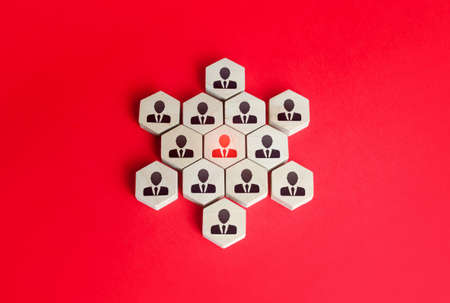 People form a figure around the leader. Unity. Building a business team, teamwork cooperation. Business personnel management. Discipline and hierarchy. Staff expansion and recruiting. Human resourcesの写真素材