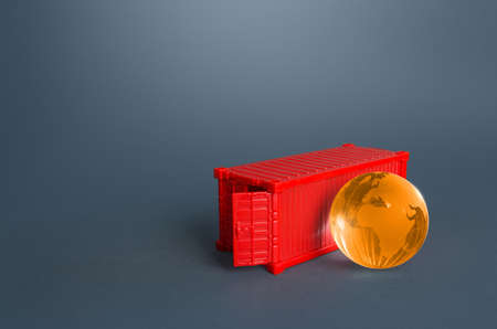 Cargo ship container and Earth globe. Services of express delivery and transportation of goods....