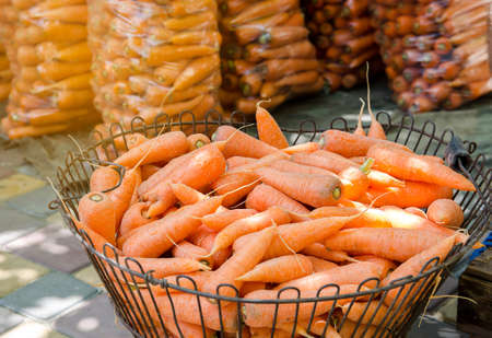 Basket with young fresh carrot prepared for sale. Freshly harvested carrots. Harvesting organic vegetables. Agriculture and farming. Selective focusの写真素材
