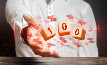 The man throws blocks with 100%. Maximum efficiency, complete results. Absolutely free. Complete confidence, accurate data. Reliable forecast. Effective, truthful. Super profit. Naturalness and safetyの写真素材