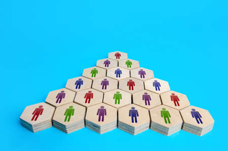 Collective Hierarchy gathering of people. Hierarchical pyramid of the company. Unity and diversity. Multiculturalism. Meritocracy. Personnel management. Cooperation teamwork. Business and societyの写真素材