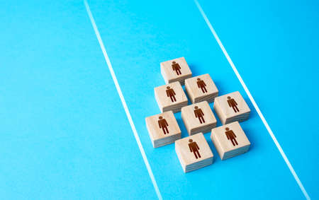 Group of people are moving in a direction. Organizing into an effective team. Common interest, problem solving. Cooperation and teamwork. Consolidation, strengthening. Path of movementの写真素材