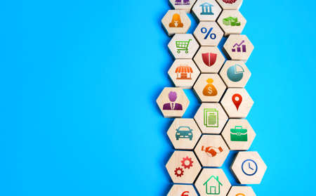 Assembled structure from business attributes. Successful business company concept. Development of leadership organizational skills. A new paradigm. Management and administrationの写真素材