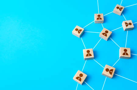 People connected in a communication network. joint participation and interaction in the group. Cooperation and globalization, contributions to projects. Decentralized networking. Connections linksの写真素材