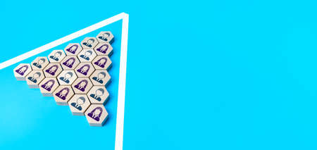 People moving in a arrow formation. Organizing into an effective team. Forming into an organized group. Joint interest, problem solving. Cooperation teamwork. Consolidation, strengtheningの写真素材