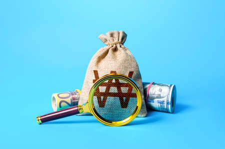 South korean won money bag and magnifying glass. Investigating capital origins. Anti money laundering, tax evasion. Find investment funds for business project. Deposit or loan terms and conditions.の写真素材