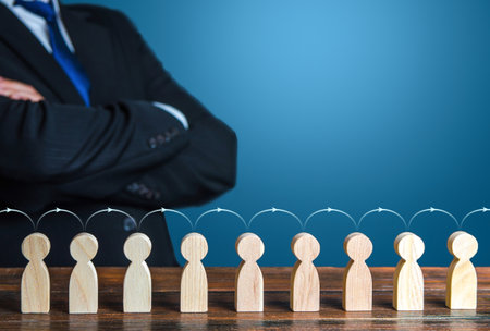 Leader oversees the information exchange between people. Cooperation, collaboration. Communication. Leadership. Transfer of experience. Spreading rumors. Social connections and hierarchy.の写真素材