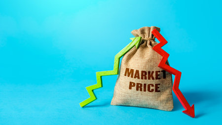Market price and up and down arrows. Changes in housing prices, growth trends in demand. Investment in assets. Rental business. Valuation. Impact of economic difficulties, crisis on consumer behavior.の写真素材