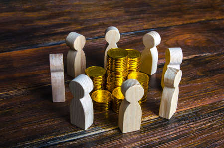 People surrounded stacks of coins. Fundraising and charity. Corporation, joint venture. Fair...