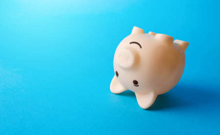 Funny piggy bank lying upside down. Stunning rates on deposits. Savings. Enrichment and wealth. Pension fund. Investments in stocks, liquid assets. Passive income. Concept of calm and relaxation.の写真素材