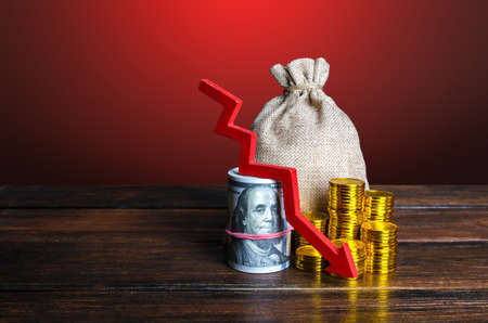 Money with red arrow down. Decreased funds and money. Fall of economy, capital reduction. Lowering...