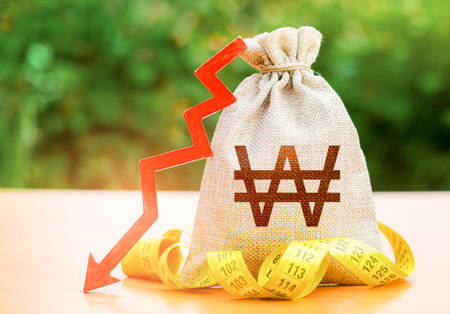 South korean won money bag with down arrow and measure tape. Reduced wages, cuts in social benefits. cutting costs. capital outflow. Decrease in discount rate by national bank. Falling wagesの写真素材