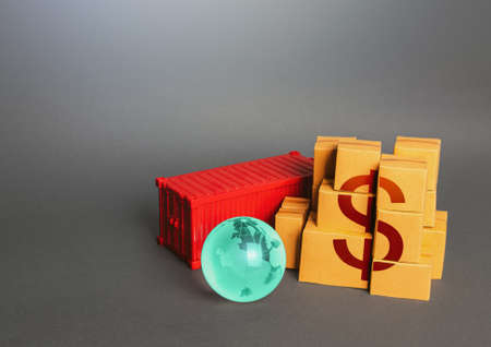 Boxes of goods and dollar symbol. world trade economy. Manufacture freight and sale of products....