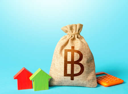 Thai baht money bag and small houses. property appraisal, realtor services. Investments in real estate. sale of housing. buy. rental business. fair market price. Bank loan offer.の写真素材