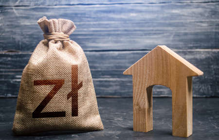 Wooden house and a polished zloty money bag. Home purchase, investment in real estate construction....