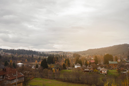 Beautiful scenic view of mountain resort Vorokhta in Ukrainian Carpathian Mountains at the autumn day. Mountain peaks and tourist trails. countryside. selective focusの写真素材