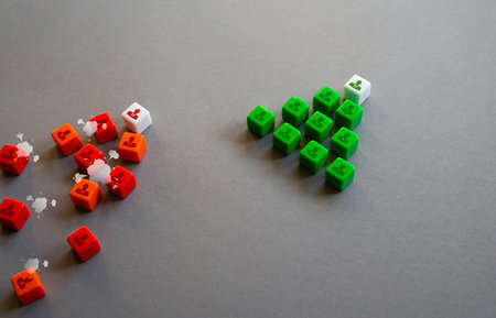 Does not withstand competition and loses in rivalry. Green team takes lead, red team collapses. Defeat the enemy, leave behind. An example of a good and bad leader. Successful, disordered teams.の写真素材