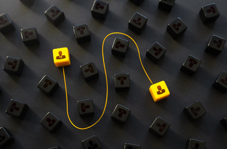 Yellow line connecting people. partnership, work together. Mutual assistance. mental connection. soulmate. cooperation, corporate relations. Contact the right specialist. Search for new workersの写真素材