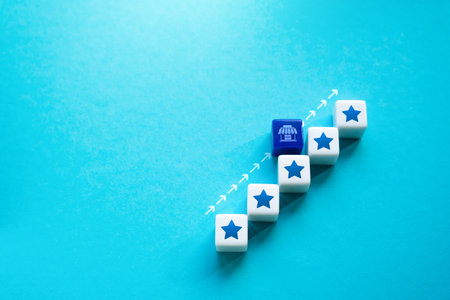 Rise of business to the top of popularity. five stars. Achieve success and recognition. Evaluation of shops, restaurants, hotels and other public places. reputation, feedback. inspection, review.の写真素材