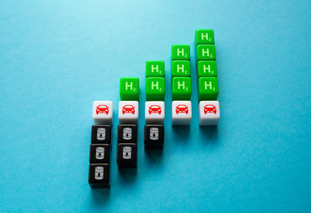 The transition of road transport from fossil fuels to green hydrogen. Advanced technologies for reduction of CO2. Improve the environmental friendliness of transport, zero greenhouse gas emissions.の写真素材