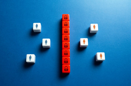 Businessmen are separated by a prohibitive barrier. Lack of technical and economic tools, protectionism. Sanctions and prohibitions on cooperation. Find a common language, overcome misunderstanding.の写真素材