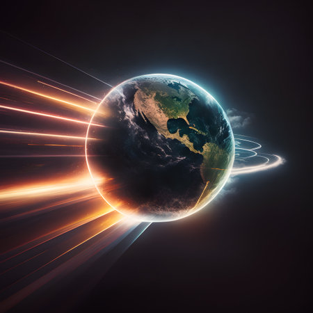 Planet earth with colorful rays and flares in space.の素材