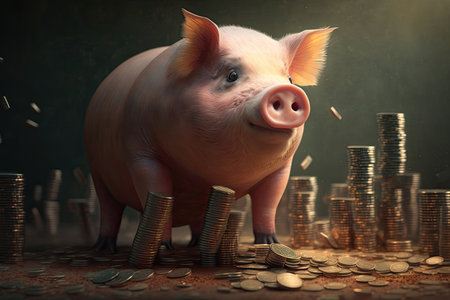 Joyful pig among money and stacks of coins. Basking in the glory of its newfound wealth. Financial success, abundance, and happiness. Get a good paid. bank deposit. Earnings and savings. Generative AIの素材