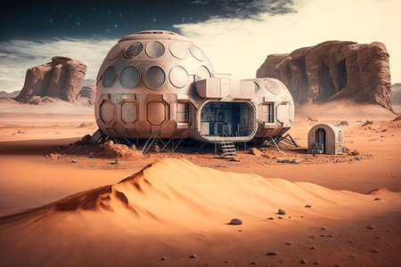 The concept of a residential base on Mars. Imagining the possibility of human exploration and colonization of other planets. Generative AIの素材
