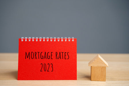 Mortgage rates 2023 and a miniature house. Loan and credit interest. Apartments, housing, house....