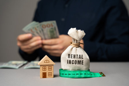 rental income concept. The concept of profit from the rental of real estate, apartments or houses. Landlord income from housing. Money bag, miniature house and money in the hands of a businessman.の写真素材