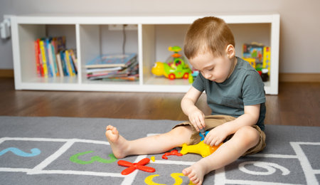 A little toddler boy 2.5 years is playing with a toy helicopter, assembling and disassembling it. Educational toys for kids. Children's room in home. Indoorsの写真素材