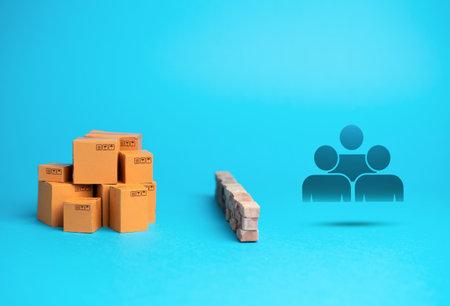 Barrier between goods and consumers. Obstacles or challenges that impede access to products or services. Problems of logistics and distribution. Sanctions and embargoes. Trade restrictions.の写真素材