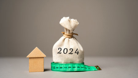 Wooden house and money bag 2024. Family budget planning for next year. Investments, plans, savings. Mortgage rates. Real estate concept. Refinance home.の写真素材