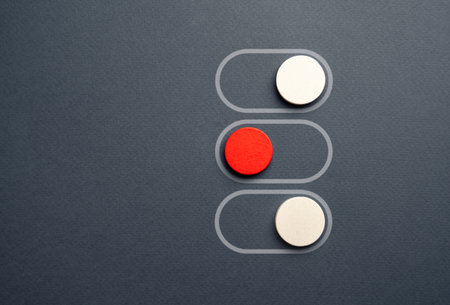 One of the switches is off. The disabled switch button among enabled ones. Permission settings. Options management. Breakage or error. Failure of one of the systems. Security threat.の写真素材
