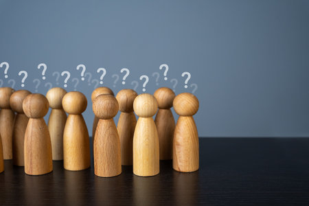 People ask questions. Ignorance and delusion. Lack of reference points and opinion leaders. Amorphous people mass, atomized society. Polls and tests. Misunderstanding of what is happening.の写真素材