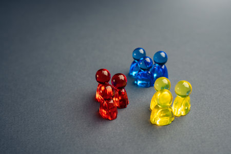 Competition of three teams. Political forces and teams. Rivalry and competition. Influence and struggle for participants. Market segmentation. Cooperation Narrow specialization of departments.の写真素材