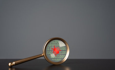 Bug in the code in the magnifying glass. Debugging, testing and code review. Trouble shooting. Programming Fault or glitch that causes software to malfunction. Checking internet trafficの写真素材
