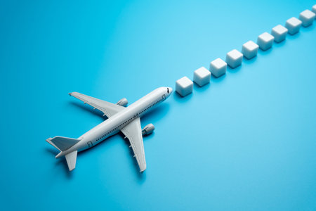 The plane flies along a dotted route. Air traffic control. Popular travel destinations. Search for...