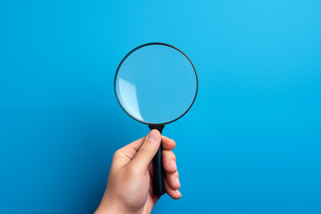 Hand holding a magnifying glass. Search and analysis, analytics and study. Pay attention to details and problems. Find something. Journalistic investigations and research. Search tool. Copy spaceの素材