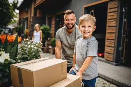 A child with his father and delivery of orders. Home business, shipping orders. Logistics industry. Freight transportation. Last-mile delivery services. House moving.の素材