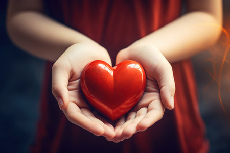 Red heart figure in girls hands. Feelings, sympathy. Giving gifts and attention. Sacrificing blood, giving life. Adoption of children.の素材