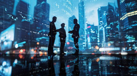 Business people in the big city, the business center. Effects of stock trading charts and figures. High technology and innovative industries.の素材