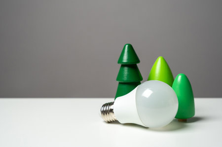 Economical LED light bulb and tree figurines. Energy savings, longevity, and environmental friendliness. Reduced carbon footprint. Connection to natureの写真素材