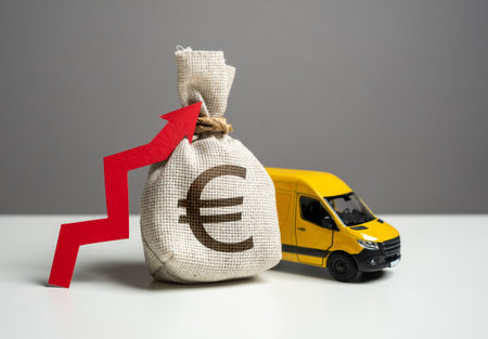 Delivery van and euro money bag with red arrow up. Transport industry. Trade and sale of goods. High customer costs for online shopping. Increased profits when delivering online orders.の写真素材