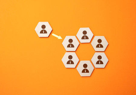 Joining a team. Exceeding the number of group members from the optimal number can have a negative impact on efficiency. Integration into the group, workflow. Human capital. Recruiting and staffingの写真素材