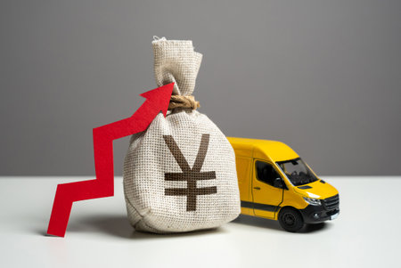 Delivery van and Chinese yuan or Japanese yen money bag with red arrow up. Transport industry. Increased profits when delivering online orders. Trade and sale of goods. Online shopping.の写真素材