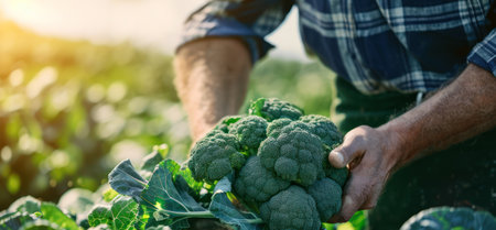 A farmer harvests broccoli in a field on a sunny day. Freshly picked vegetables. Agriculture and farmingの素材
