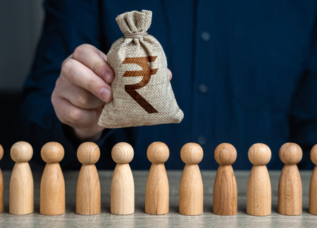 A man holds a Indian rupee money bag above the crowd.Salaries. Crowdfunding and fundraising. Social politics. Deposits and loans. Budgetary funds for social policy.の写真素材