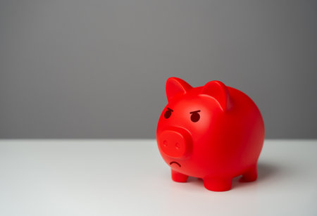 An angry pouty piggy bank. Heavy burden on the budget, high expenses and the likelihood of bankruptcy. Overheated financial market. Difficult economic conditions. Threat to savings.の写真素材