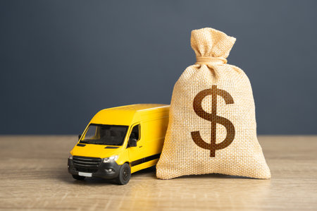 Delivery van and dollar money bag. Supply chain resilience. Invest in electric and autonomous...